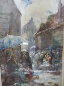 T.W.MORLEY. (1859-1925) A CONTINENTAL MARKET SCENE, SIGNED AND DATED 1911, WATERCOLOUR. 66 x 42cms.