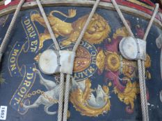 A LARGE VINTAGE TOWN BAND DRUM DECORATED WITH POLYCHROME ORDER OF THE GARTER CREST AND LABELLED