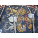 A LARGE VINTAGE TOWN BAND DRUM DECORATED WITH POLYCHROME ORDER OF THE GARTER CREST AND LABELLED