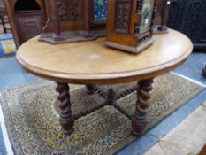 A 19th.C.MAHOGANY OVAL CENTRE TABLE ON FOUR TURNED BARLEY TWIST SUPPORTS, THE TOP STAMPED