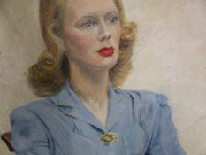20th.C.ENGLISH SCHOOL. A PORTRAIT OF A LADY WEARING A BLUE DRESS, INITIALLED AND DATED 1947. 102 x
