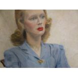 20th.C.ENGLISH SCHOOL. A PORTRAIT OF A LADY WEARING A BLUE DRESS, INITIALLED AND DATED 1947. 102 x