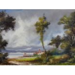 GUIDOTTI. ITALIAN 20th.C.SCHOOL. ARR. A LAKE VIEW, SIGNED OIL ON CANVAS. 51 x 102cms.