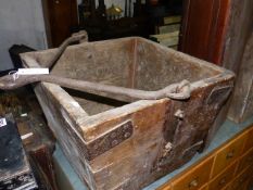 A LARGE VINTAGE IRON BOUND SCOOP/BUCKET WITH HOIST HOOK/HANDLE STAMPED HOPCRAFT. W.55 x H.43cms.