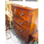 A VICTORIAN MAHOGANY BOW FRONT CHEST OF TWO SHORT AND THREE LONG DRAWERS WITH BUN HANDLES AND TURNED