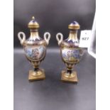 A PAIR OF 19th.C.SEVRES STYLE TWO HANDLED VASES AND COVERS, THE WHITE BEAD FRAMED RESERVES ON ONE