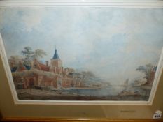 CONTINENTAL SCHOOL. LATE 18th/EARLY 19th.C. TOWN BY A RIVER WITH FIGURES AND BOATS, WATERCOLOUR.