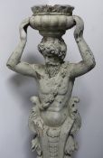 A PAIR OF COMPOSITION BAROQUE STYLE HERM FIGURES EACH HOLDING AN URN ALOFT, WITH DISTRESSED SURFACE.