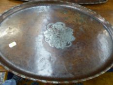 TWO ARTS AND CRAFTS COPPER AND PEWTER INSET SHALLOW TRAYS BY HUGH WALLIS.