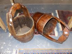 TWO RUSTIC IRON BOUND BUCKETS AND A LARGE TRUG TOGETHER WITH A LACQUER DOME TOP COFFER. (4)