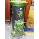A VINTAGE FRENCH GREEN ENAMELLED STOVE / ROOM HEATER FITTED WITH GAS BURNER AND NAMED GODIN. NOTE: