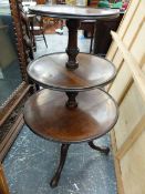 A 19th.C.MAHOGANY THREE TIER DUMB WAITER ON SPIRAL TURNED SUPPORT AND SHAPED LEGS. Dia.58 x H.