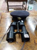 A PAIR OF ROSS BINOCULARS AND A MILITARY HAT TOGETHER WITH A BREAK BARREL AIR RIFLE. (3)