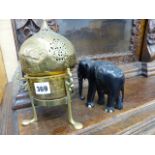 A COLLECTION OF EASTERN BRASSWARE AND VARIOUS CARVED HARDWOOD ELEPHANTS TOGETHER WITH WITH OTHER