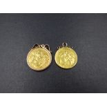 TWO 22ct GOLD SOVEREIGNS, ONE BEING A GEO.III DATED 1818 IN A FIXED PENDANT MOUNT, THE OTHER A GEO.V