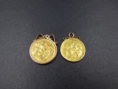 TWO 22ct GOLD SOVEREIGNS, ONE BEING A GEO.III DATED 1818 IN A FIXED PENDANT MOUNT, THE OTHER A GEO.V