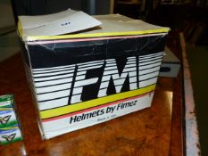 AN UNUSED FM MOTORCYCLE HELMET IN ORIGINAL BOX :- NOTE: SAFETY EQUIPMENT SUCH AS THIS MUST BE