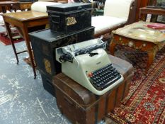 THREE VINTAGE STEEL DEED BOXES AND A PAINTED TIN DOME TOP TRUNK TOGETHER WITH A VINTAGE