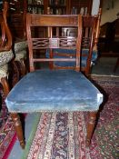 A SET OF SIX GEO.IV. MAHOGANY DINING CHAIRS WITH INLAID AND PIERCED BACK RAILS AND BLUE VELVET