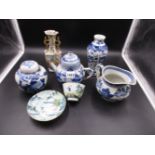 A COLLECTION OF CHINESE PORCELAINS, THE JUG, TEA POT, COVERED JAR AND VASE IN BLUE AND WHITE,