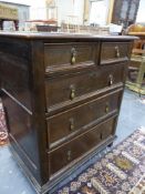 AN 18th.C.AND LATER OAK SMALL CHEST OF TWO SHORT AND THREE LONG DRAWERS ON STILE FEET. 72 x 45 x H.