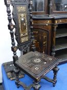 A PAIR OF ANTIQUE ITALIAN CARVED HIGHBACK INLAID AND DECORATED EBONISED HALL CHAIRS, EACH BACK