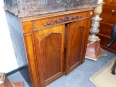 A VICTORIAN ROSS & Co OF DUBLIN CARVED MAHOGANY CAMPAIGN TWO DOOR SIDE CABINET WITH TIERED