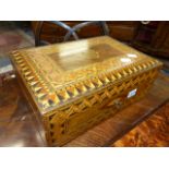 A VICTORIAN WALNUT AND TUNBRIDGE INLAID WRITING BOX TOGETHER WITH A LATER BURR WOOD AND IINLAID