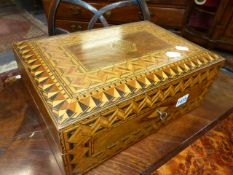 A VICTORIAN WALNUT AND TUNBRIDGE INLAID WRITING BOX TOGETHER WITH A LATER BURR WOOD AND IINLAID