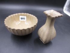 A CHINESE GUAN TYPE VASE AND A BOWL, EACH OF THE FLUTED BODIES WITH CRACKLED MUSHROOM BROWN GLAZE,