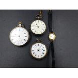 A 9ct GOLD LADIES SEKONDA WRISTWATCH AND THREE OPEN FACED SILVER POCKET WATCHES TO INCLUDE A CHESTER