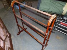 TWO VICTORIAN TOWEL RAILS TOGETHER WITH TWO COUNTRY OAK SIDE CHAIRS, ONE WITH PLANK SEAT.