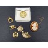 FIVE GOLD CHARMS. A 15ct GOLD PORTRAIT CAMEO AND A 9ct GOLD HALLMARKED SILVER JUBILEE