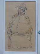 ROLAND BATCHELOR. (1889-1990) ARR. NORMAN CATTLE FARMER, SIGNED PEN AND INK DRAWING. 18 x 11cms.