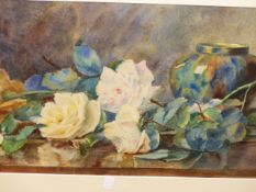 AMY CROSS. (1856-1939) STILL LIFE OF ROSES, SIGNED WATERCOLOUR. 28 x 52cms.