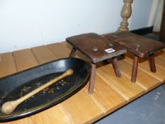 A PAIR OF 19th.C.OAK COUNTRY MADE CHILD'S FOUR LEGGED STOOLS, A PAPIER MACHE BOWL AND A DOUBLE ENDED
