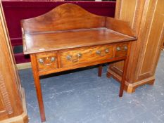 A 19th.C.MAHOGANY GALLERY BACK WRITING TABLE WITH THREE FRIEZE DRAWERS AND STANDING ON CHAMFERED