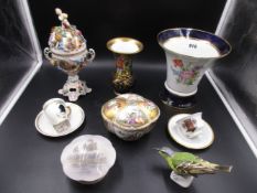 A COLLECTION OF CONTINENTAL PORCELAINS TO INCLUDE A MEISSEN COVERED BOWL W.13cms, A GREENFINCH,