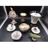 A COLLECTION OF CONTINENTAL PORCELAINS TO INCLUDE A MEISSEN COVERED BOWL W.13cms, A GREENFINCH,