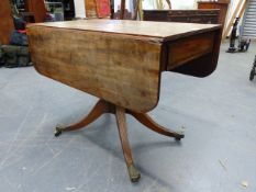 A LATE GEORGIAN MAHOGANY PEMBROOKE SUPPER TABLE WITH TWO END DRAWERS ON TURNED COLUMN AND