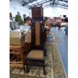 EARLY OAK HIGH BACK CHAIR.