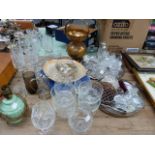 VARIOUS GLASSWARE, EASTERN BRASS VASE,ETC.