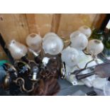 TWO EDWARDIAN GREEN GLASS LIGHT SHADES AND OTHER WALL LIGHTS.