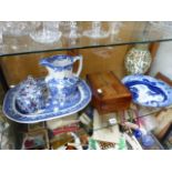 A DOULTON DRAGON DECORATED PLATTER, A LARGE MASON'S JUG , A MAHOGANY WORK BOX,ETC.