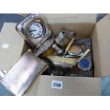 A SILVER DESK CLOCK, CIGARETTE CASE, FRONTED FRAME, ETC.