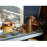 A STONEWARE BARREL WITH ARMORIAL CREST, A LARGE POTTERY TANKARD, COPPERWARE,ETC.