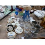 A QTY OF CUT GLASSWARE, PLYMOUTH GIN JUG, COFFEE CANS,ETC.