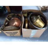 TWO BOXES OF COPPER, BRASS AND OTHER METALWARES,ETC.