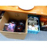 A PLASMA BALL, SPINNING DISCO LIGHTS, THREE BOXES OF CHINAWARE AND A BOX OF COLLECTABLES.