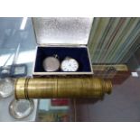 A FOURDRAW TELESCOPE AND TWO SILVER CASED POCKET WATCHES.